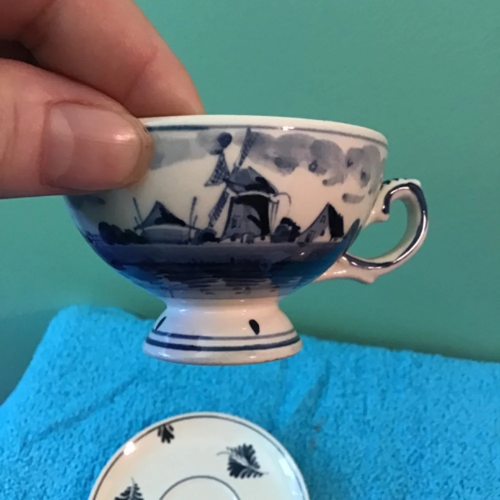 Delft Blue Hand Painted Holland Teacup Saucer Landscape Windmill Scenic‎ Vintage